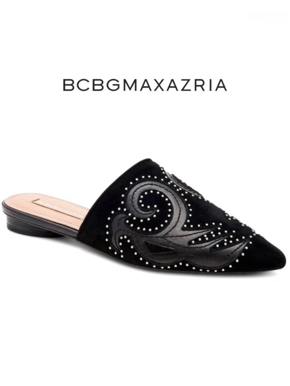 BCBGMAXAZRIA Nola Studded Black Suede Leather Pointed Toe Flat Slip-On mules 7.5